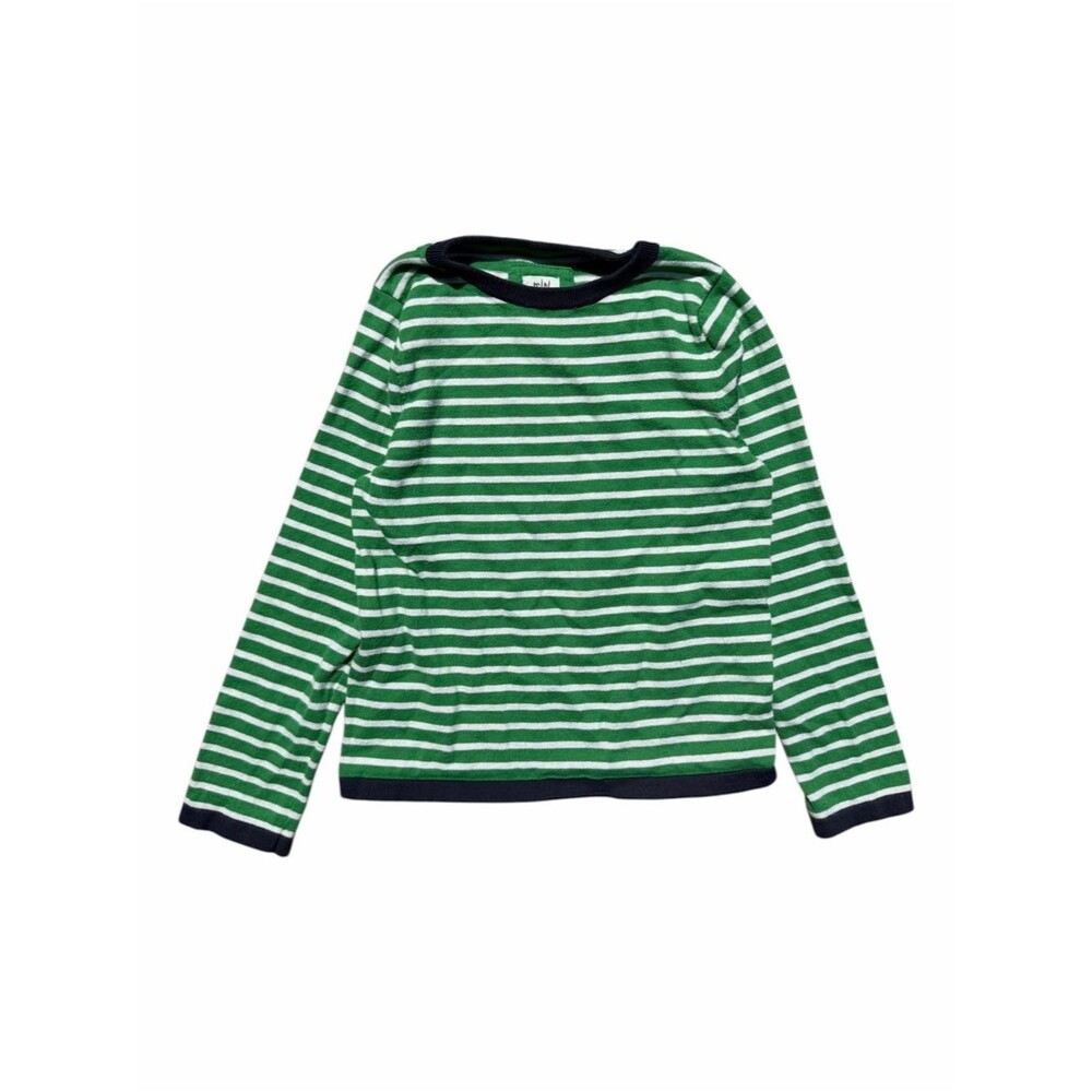 Mini Boden Long Sleeve Sweater Kids 6-7Y Green White Striped Cotton Navy Trim